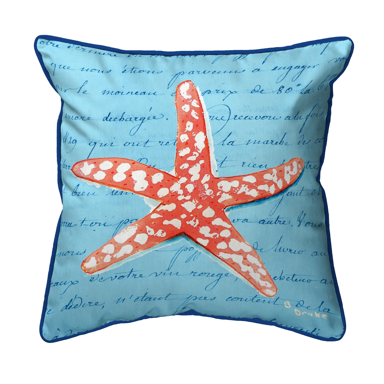 Betsy Drake Coral Starfish Blue Small Indoor/Outdoor Pillow 12x12